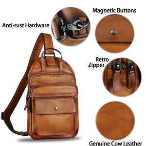 Genuine Leather Sling Bag for Men and Women Vintage Real Leather Fashion Sling Backpack Shoulder Crossbody Chest Purse A1351