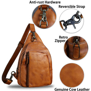 Genuine Leather Sling Bag for Men and Women Vintage Real Leather Sling Backpack Shoulder Crossbody Bag Chest Bag A1353