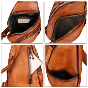 Genuine Leather Silng Bag for Men and Women Vintage Leather Sling Backpack Purse Shoulder Crossbody Bag Chest Bag 0735