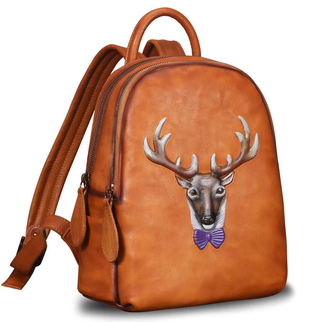 Genuine Leather Backpack Leather Knapsack Rucksack Deer Pattern Black