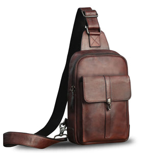 Genuine Leather Sling Bag Casual Shoulder Hiking Backpack Vintage Handmade Crossbody Bag Retro Chest Daypack A1350