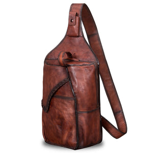 Genuine Leather Sling Bag for Men and Women Vintage Large Sling Backpack Shoulder Crossbody Chest Bag for Ipad W0990