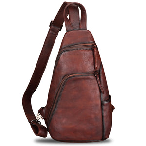 Genuine Leather Silng Bag for Men and Women Vintage Leather Sling Backpack Purse Shoulder Crossbody Bag Chest Bag 0735