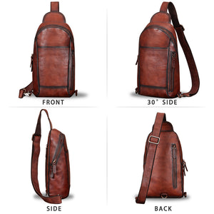 Genuine Leather Sling Bag for Men and Women Handmade Sling Backpack Shoulder Purse Crossbody Bag Chest Bag W0899