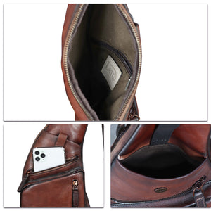 Genuine Leather Sling Bag for Men Vintage Handmade Crossbody Daypack Hiking Backpack Retro Crossbody Shoulder Bag W0727